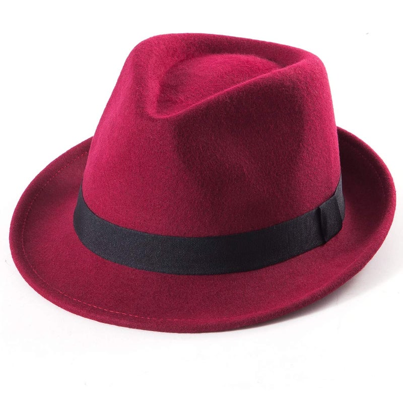 LADYBRO Wine Red Fedora Men Short Brim Hat for Ladies Classic Trilby 100% Wool, 7 1/4 - Image 1